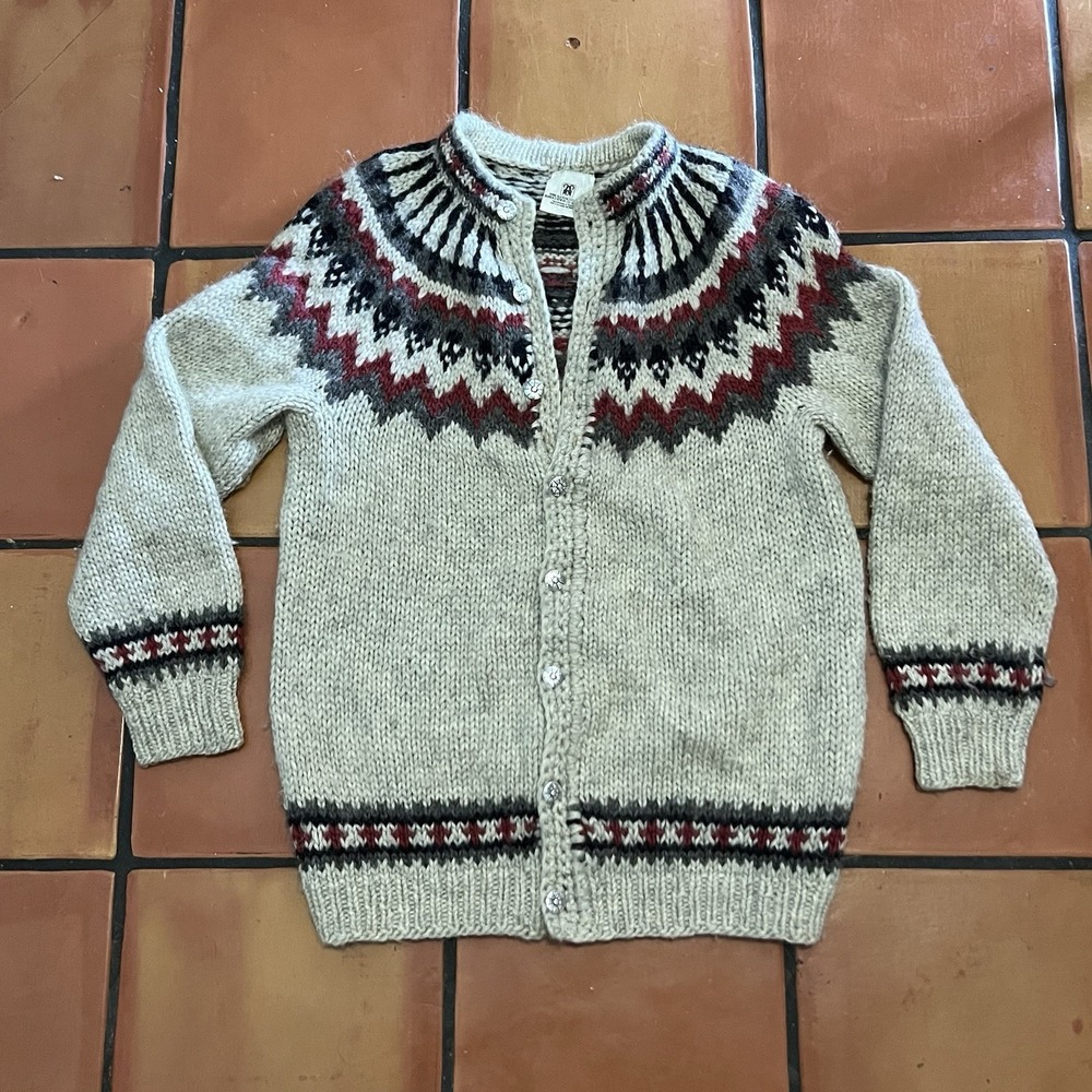Vintage 1980s Icelandic Lopi Wool Cardigan Hand Knit Nordic Sweater L Womens